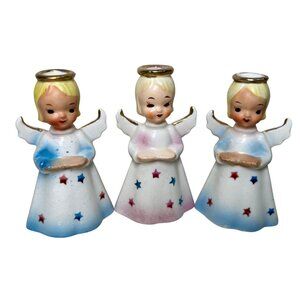 Vintage Shafford Christmas Angel Candleholders Set of 3 Pink Blue 2095